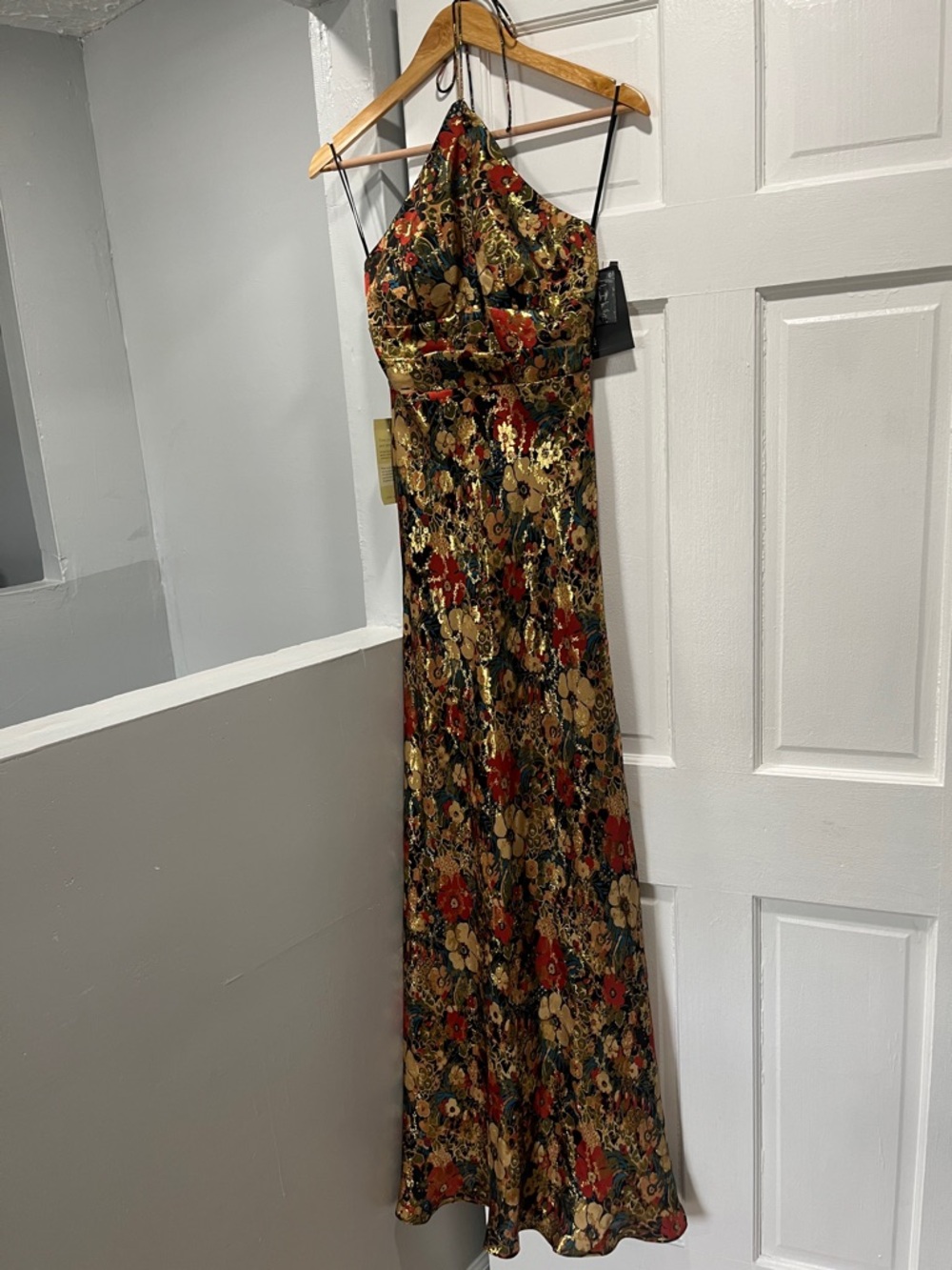 NWT Vintage Nicole Miller Silk and Metallic Gold Floral Halter Maxi Dress Size 4